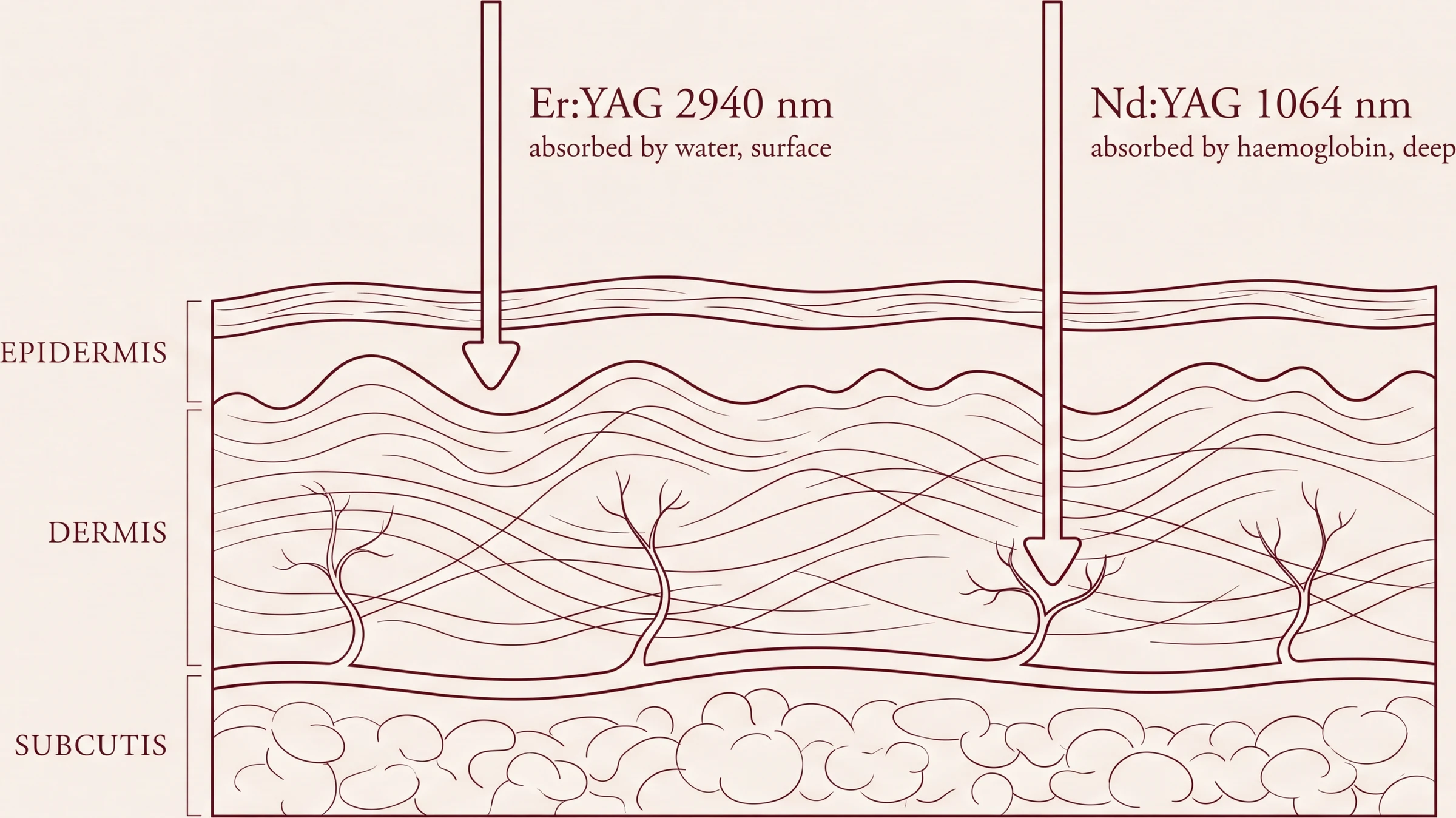 The two wavelengths reach different depths. Er:YAG at 2940 nm is absorbed almost entirely by water at the surface; Nd:YAG at 1064 nm passes through the epidermis and is absorbed by haemoglobin in the vessels of the dermis.