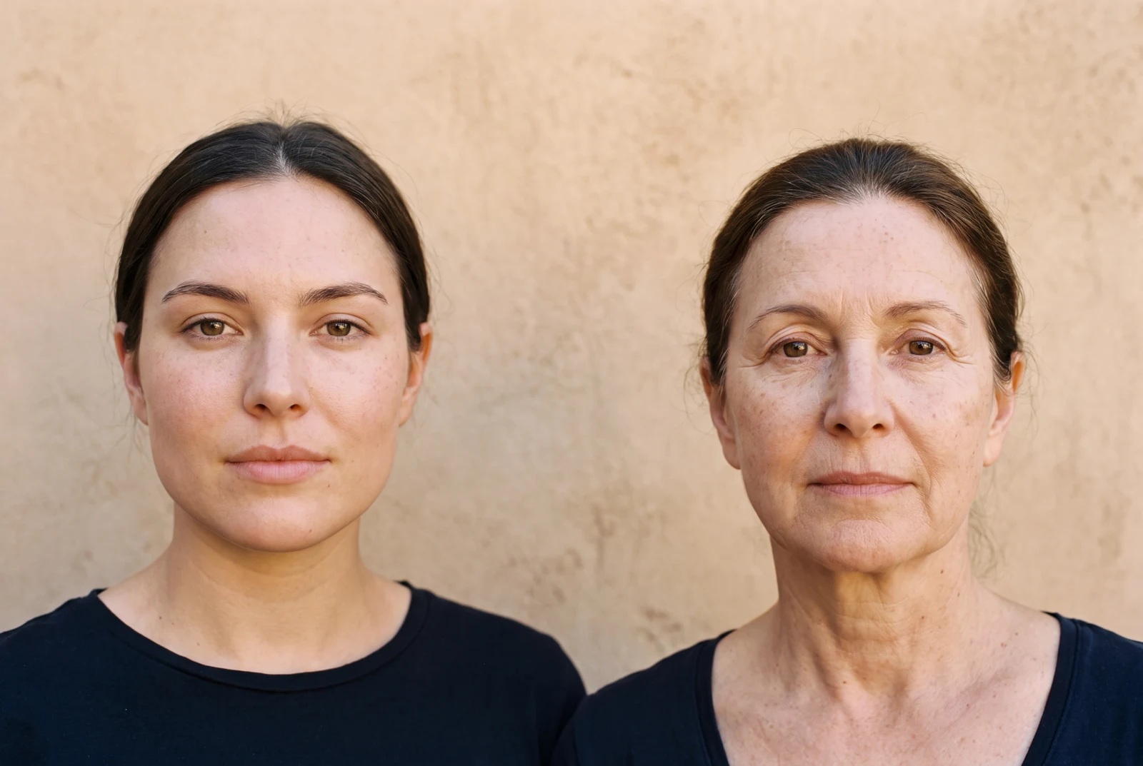 The same face a generation apart: with age the deep fat deflates and the superficial fat descends, so the high cheek of youth flattens and the jawline softens.