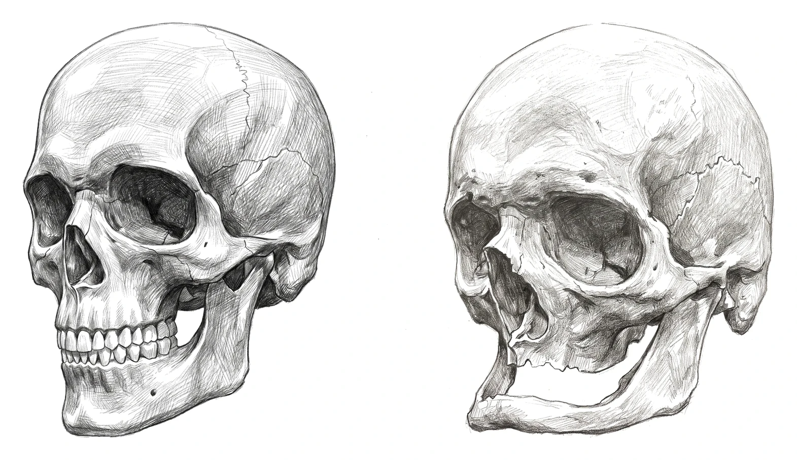 The facial skeleton in youth and in age: the eye sockets widen, the mid-face and the base of the nose recede, and the jaw loses its clean edge at the corner and before the chin.