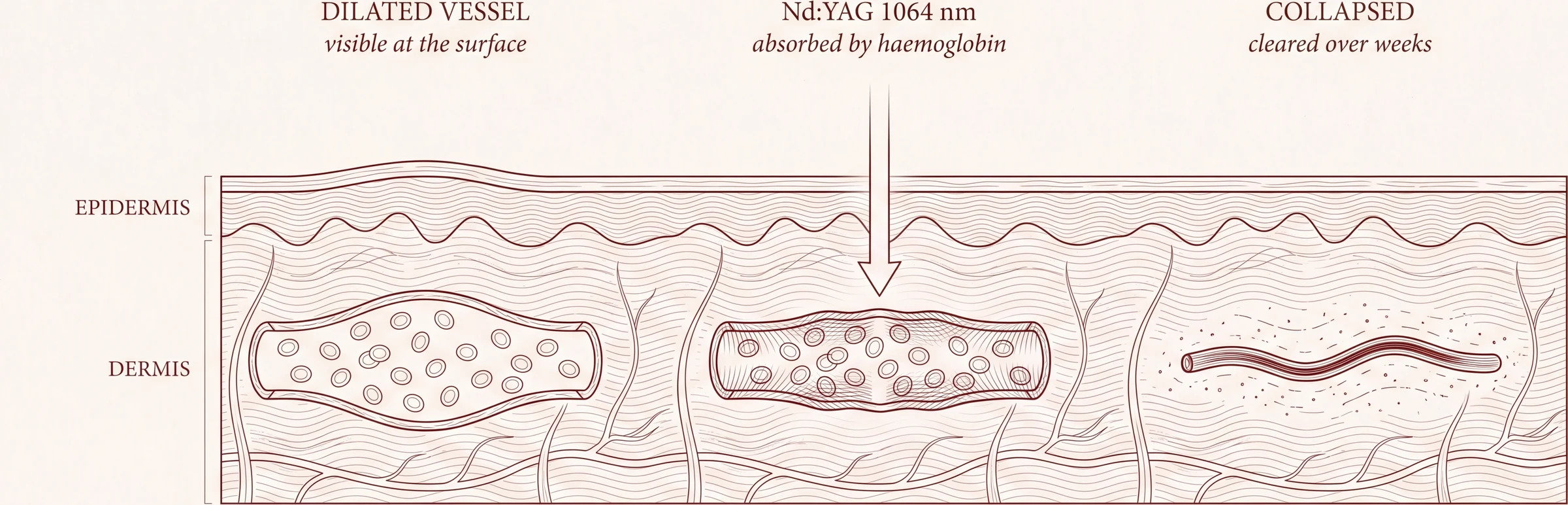 How the Nd:YAG treats a dilated vessel. The wavelength passes through the epidermis, which absorbs it poorly, and is taken up by haemoglobin inside the vessel. The vessel wall is damaged, it collapses, and the body clears it over the following weeks.